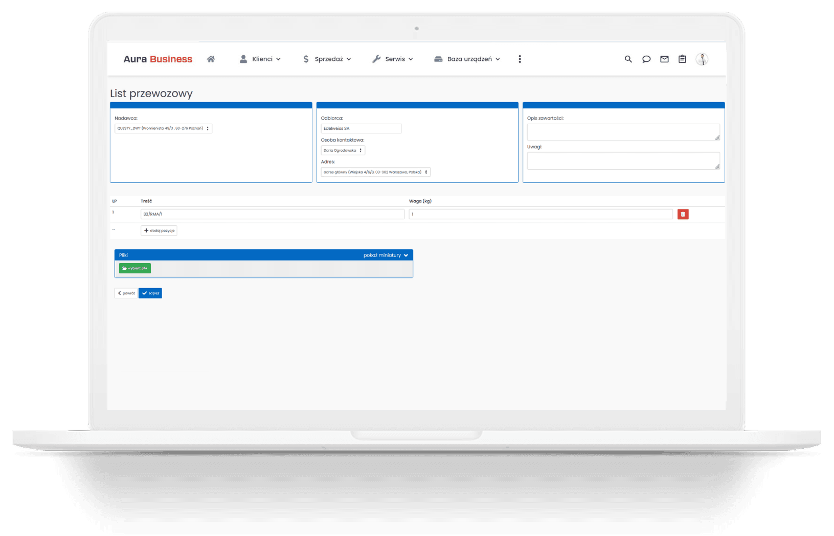 Integracja obszaru serwisowego z GLS.