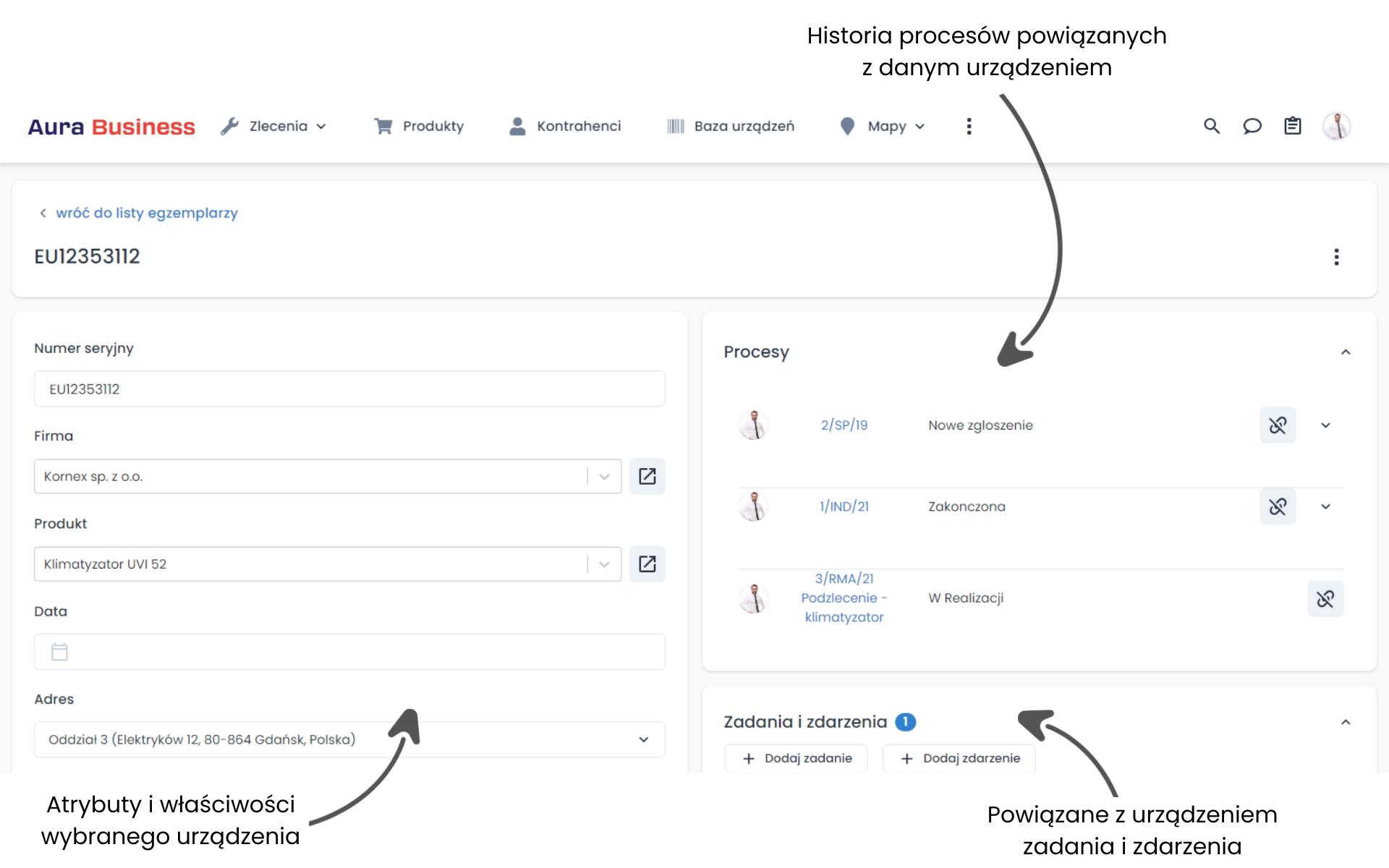 Karta produktu serwisowanego w programie do zarządzania zleceniami