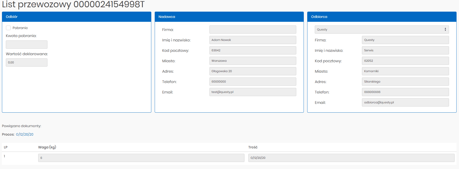 List przewozowy program do serwisu