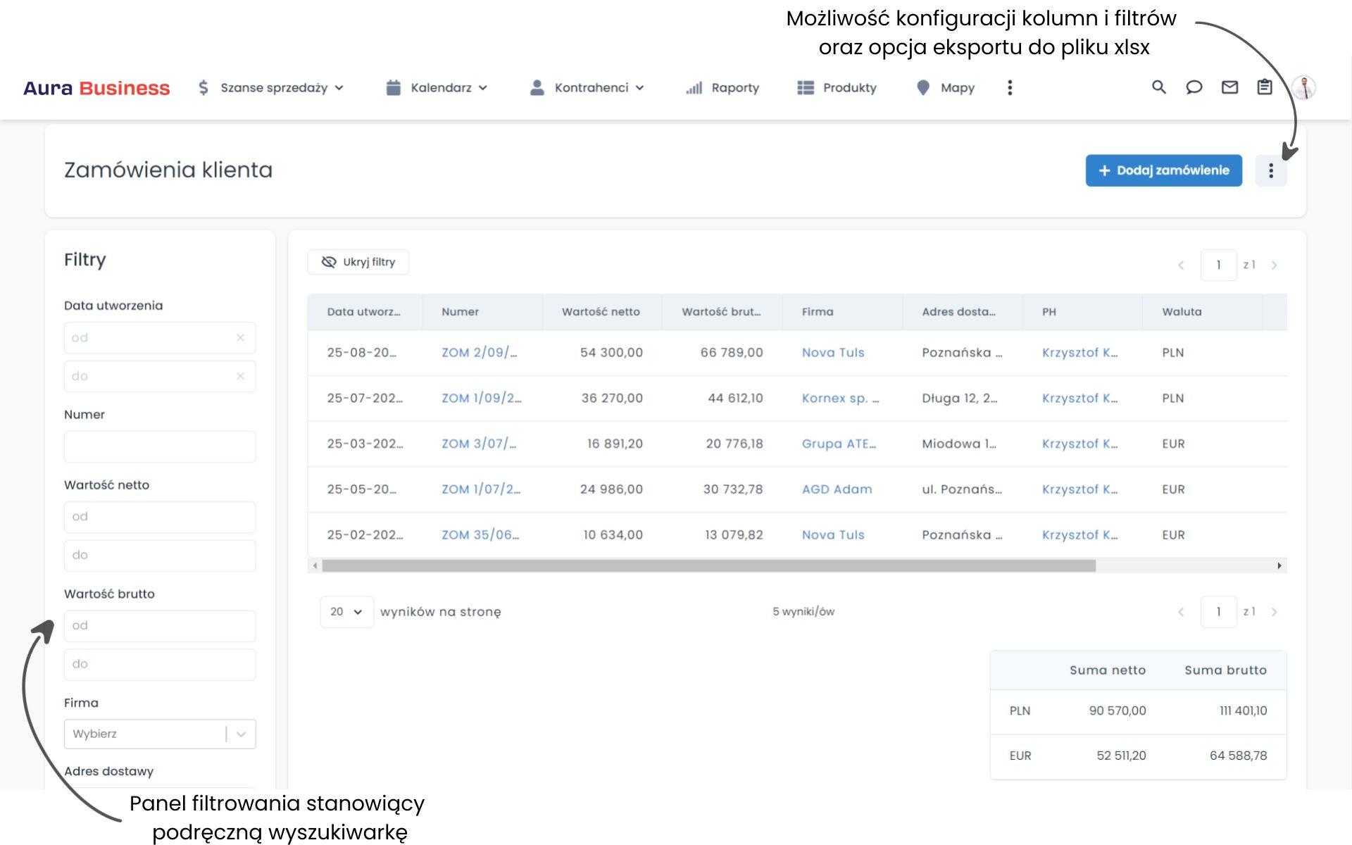 Zamówienia klienta w CRM