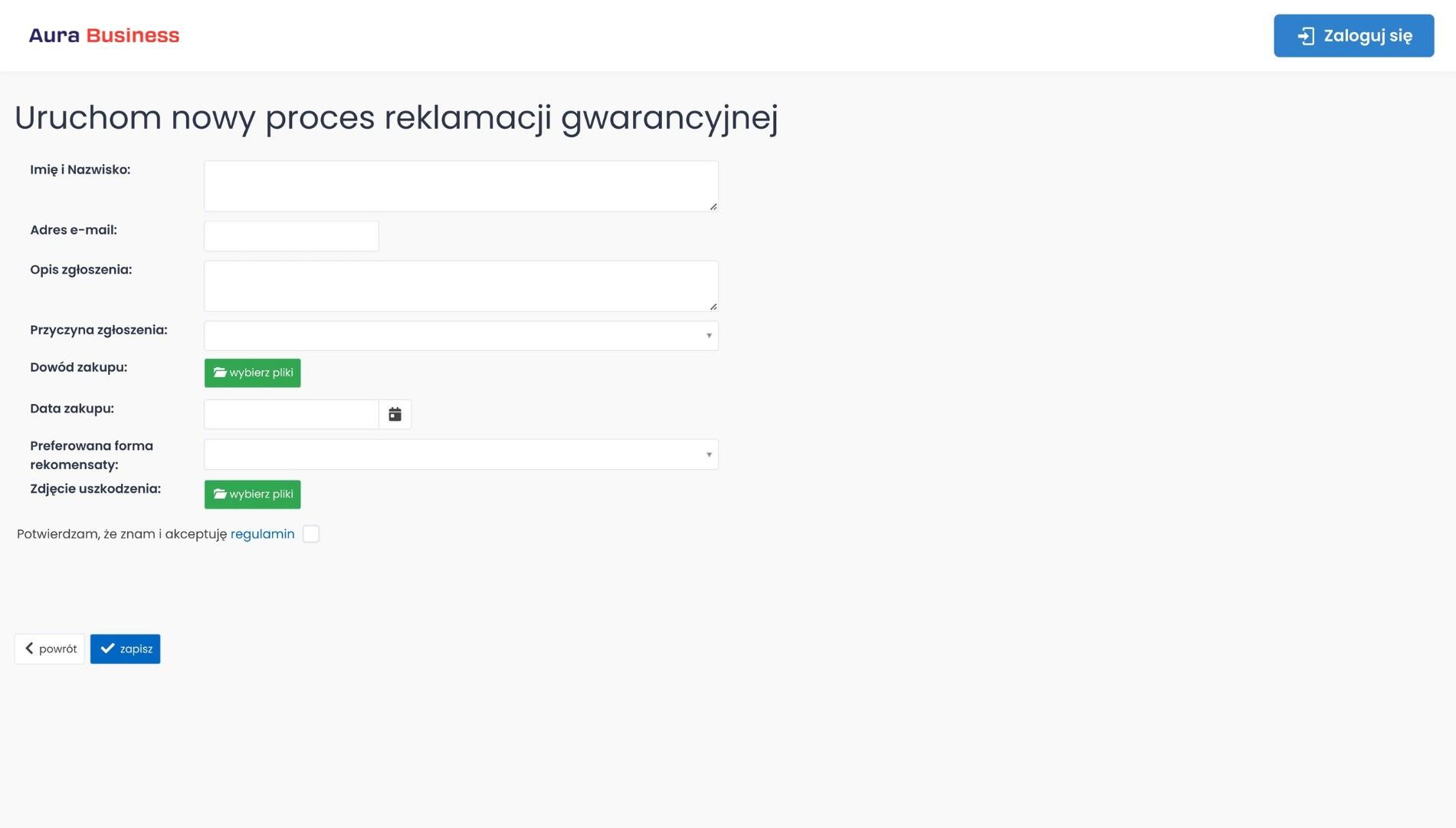 Formularz klienta w programie do reklamacji