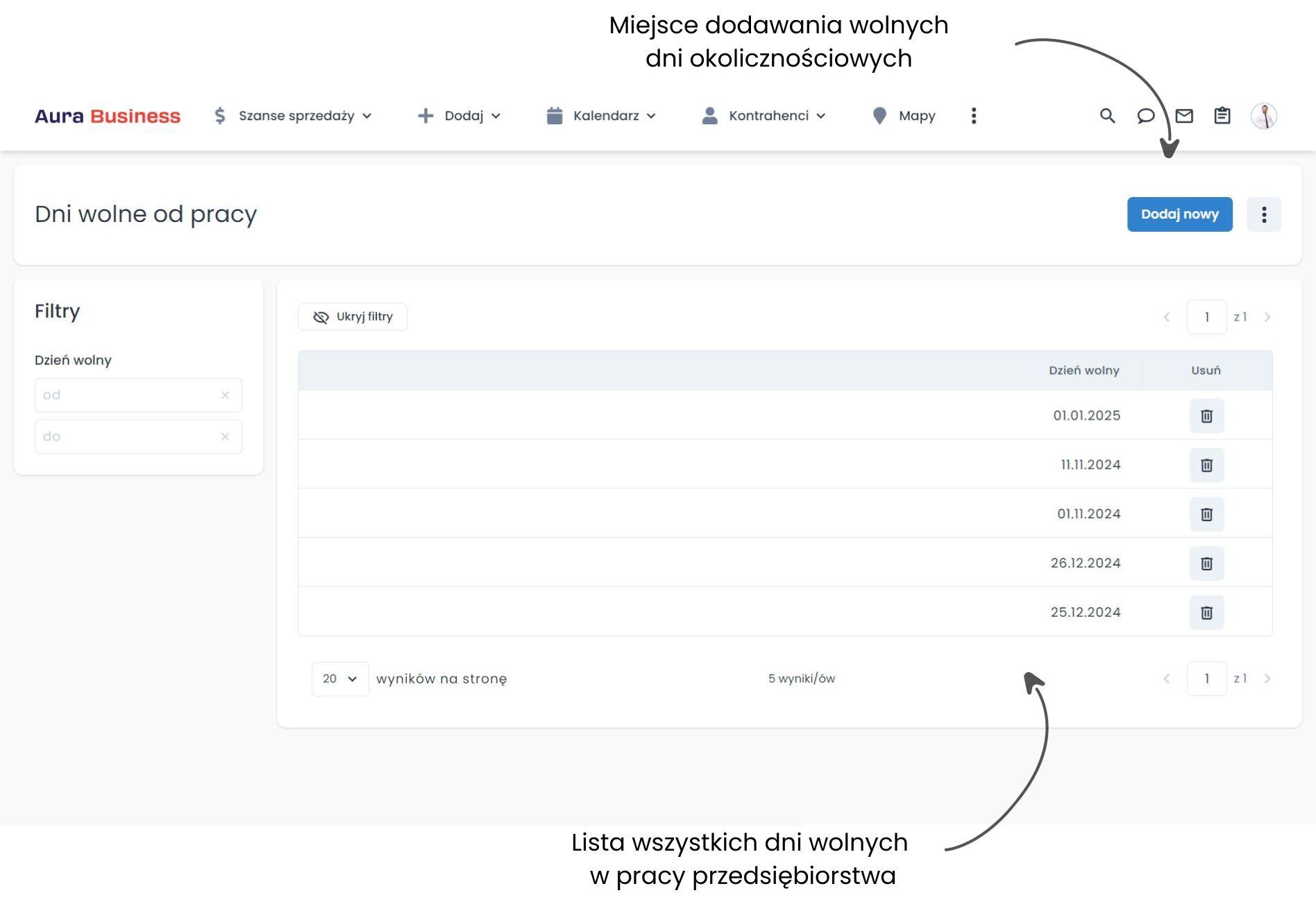 Ewidencja urlopów - dni świąteczne.