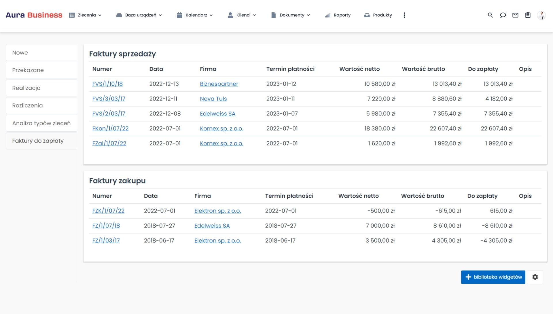 Widgety z fakturami w serwisie