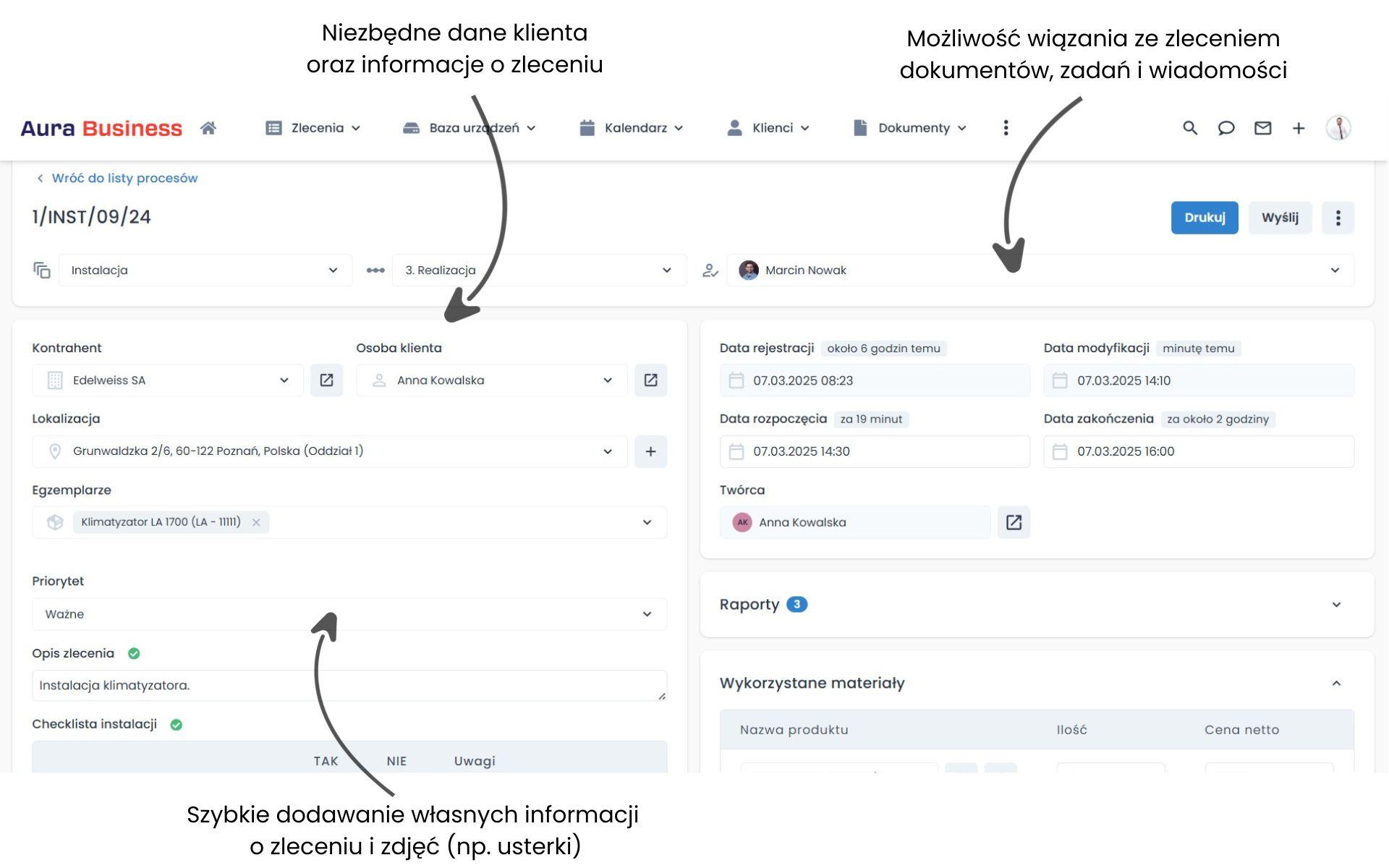 Widok karty zlecenia w programie do zleceń